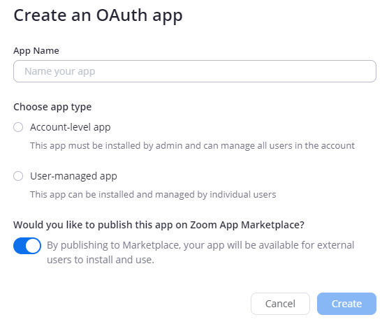 Creating an OAuth app in the Zoom Marketplace